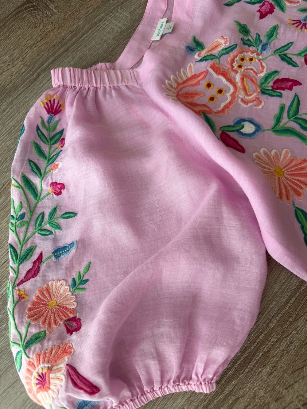 Sundance Floral Embroidered Pink Floral Embroidered Puff-Sleeve Top Blouse L - Picture 6 of 13